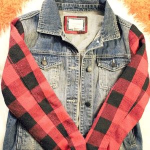 **SOLD**Denim jacket with red plaid sleeves